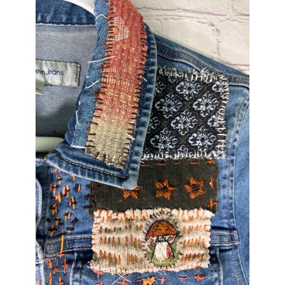 Calvin Klein Altered Hand Embroidered Upcycled Patched Denim Jacket - Picture 7 of 16